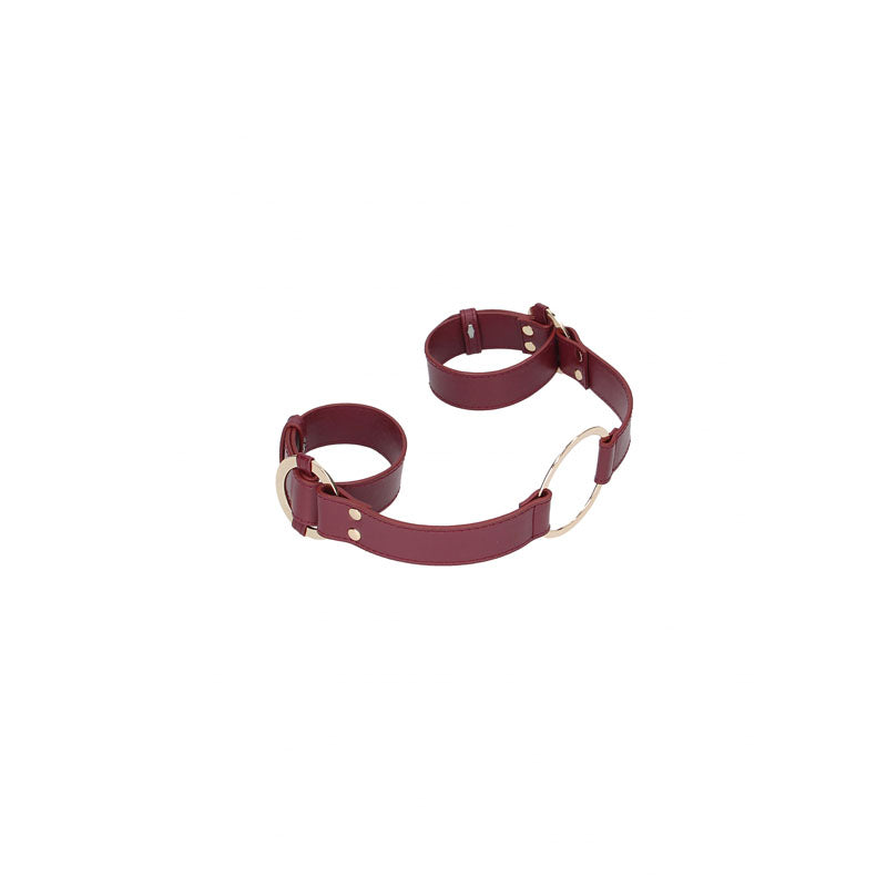 OUCH! Halo - Handcuff With Connector - Burgundy Restraint featuring luxurious burgundy leather and gold accents.