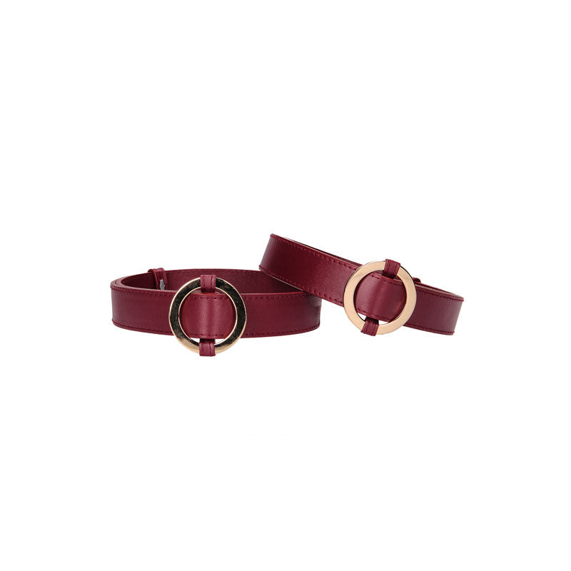 OUCH! Halo - Thigh Cuffs - Burgundy Leg Restraints, luxurious leather look cuffs with gold accents.
