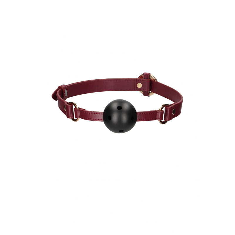 OUCH! Halo - Breathable Ball Gag - Burgundy Mouth Restraint with black ball and adjustable leather straps.