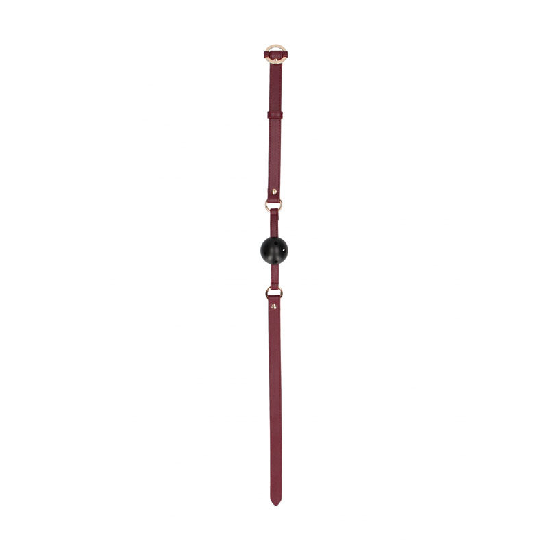 OUCH! Halo - Breathable Ball Gag - Burgundy Mouth Restraint on display, featuring elegant design and adjustable straps.