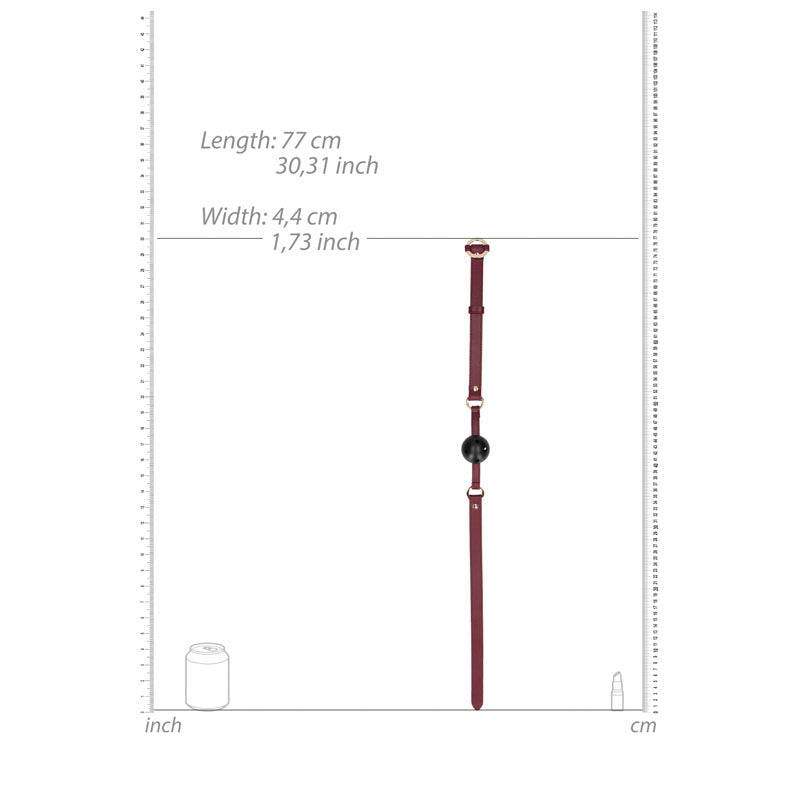 OUCH! Halo - Breathable Ball Gag - Burgundy Mouth Restraint dimensions image showing length and width.