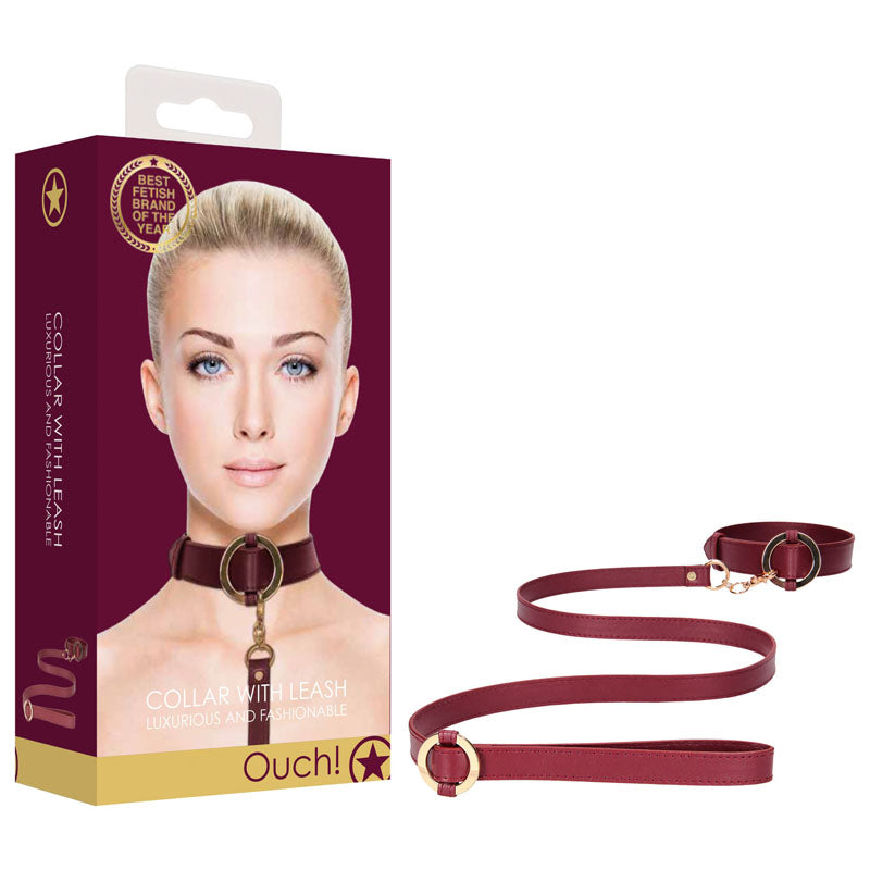 OUCH! Halo - Collar With Leash - Burgundy Restraint packaging with collar and leash showcasing luxurious design.