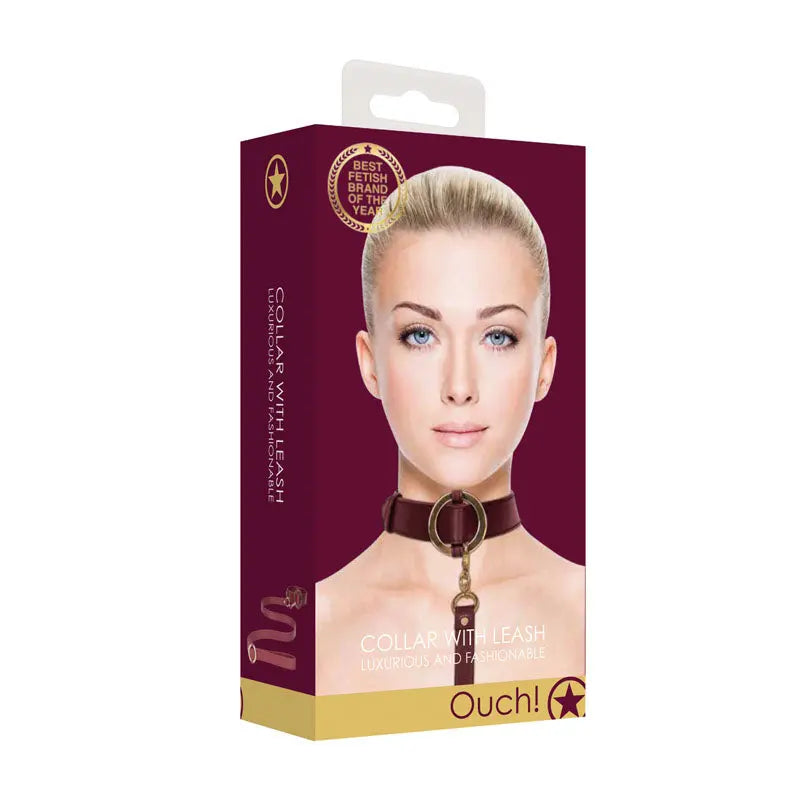 OUCH! Halo - Collar With Leash - Burgundy Restraint Shots Toys Discreet Intimate Essentials.