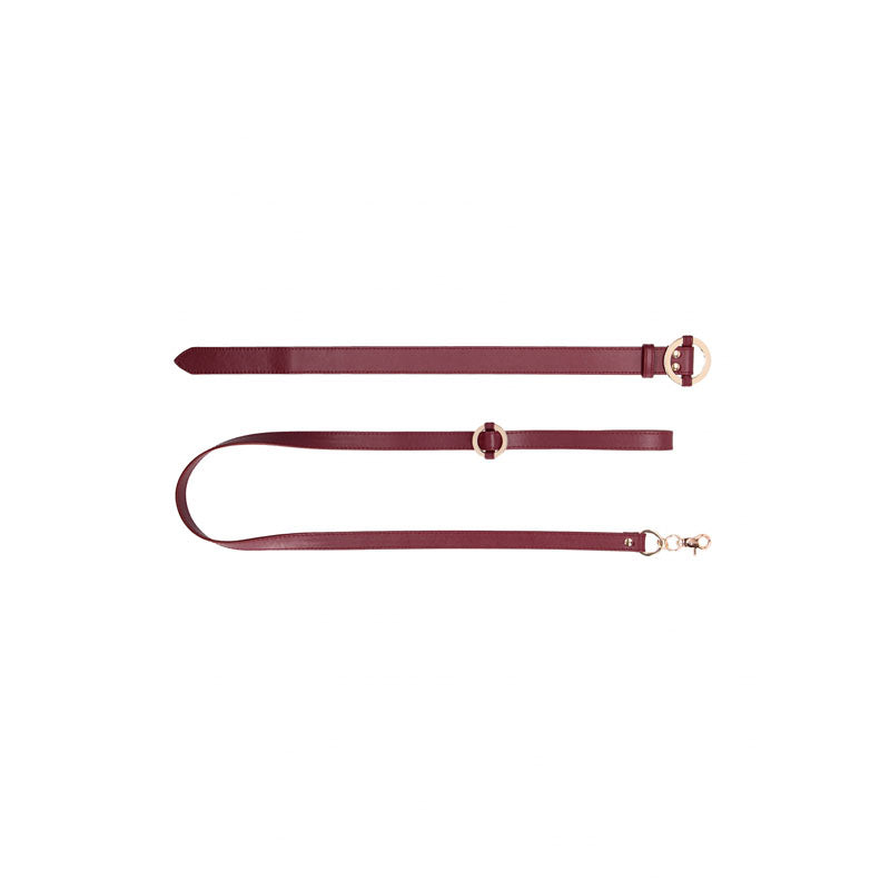 OUCH! Halo - Collar With Leash - Burgundy Restraint featuring luxurious leather look and golden decorations.