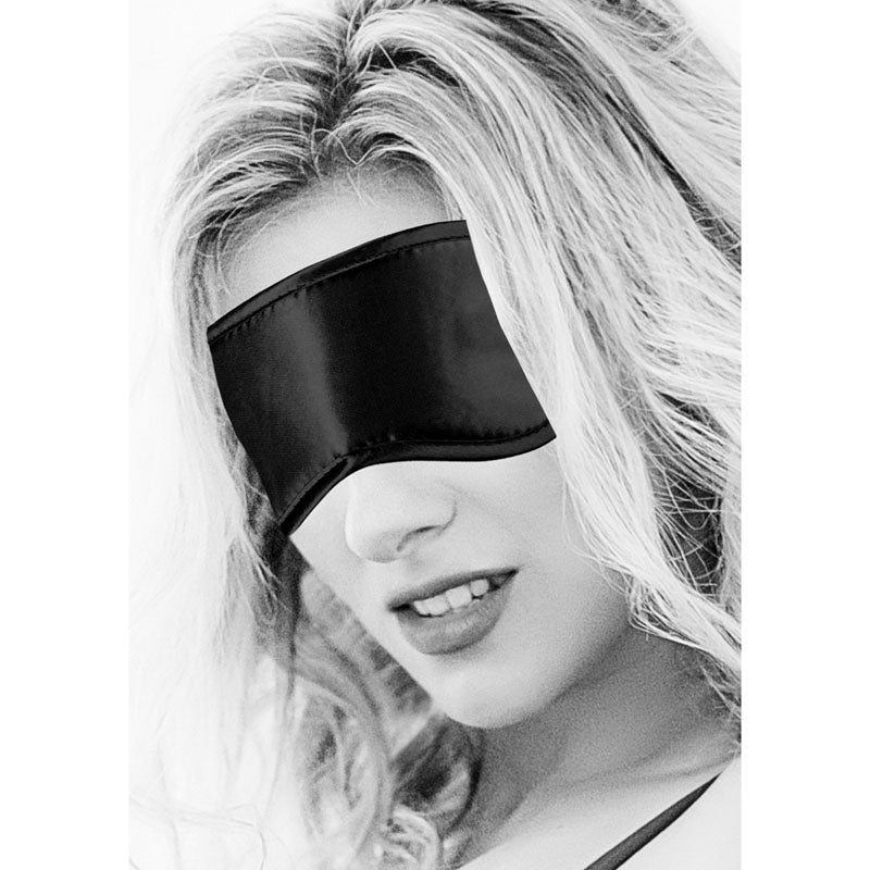 OUCH!  & White Satin Eye-Mask -  Eye Restraint on a model, showcasing a sensual and intimate experience.