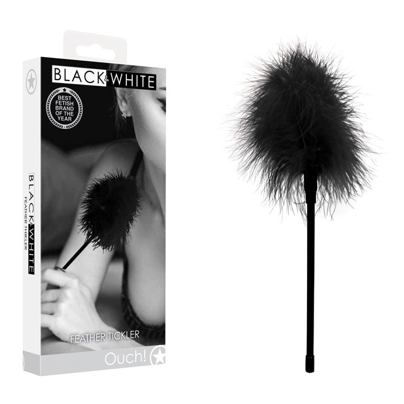 OUCH!  & White Feather Tickler -  Feather Crop in packaging showcasing a soft black feather tickler.