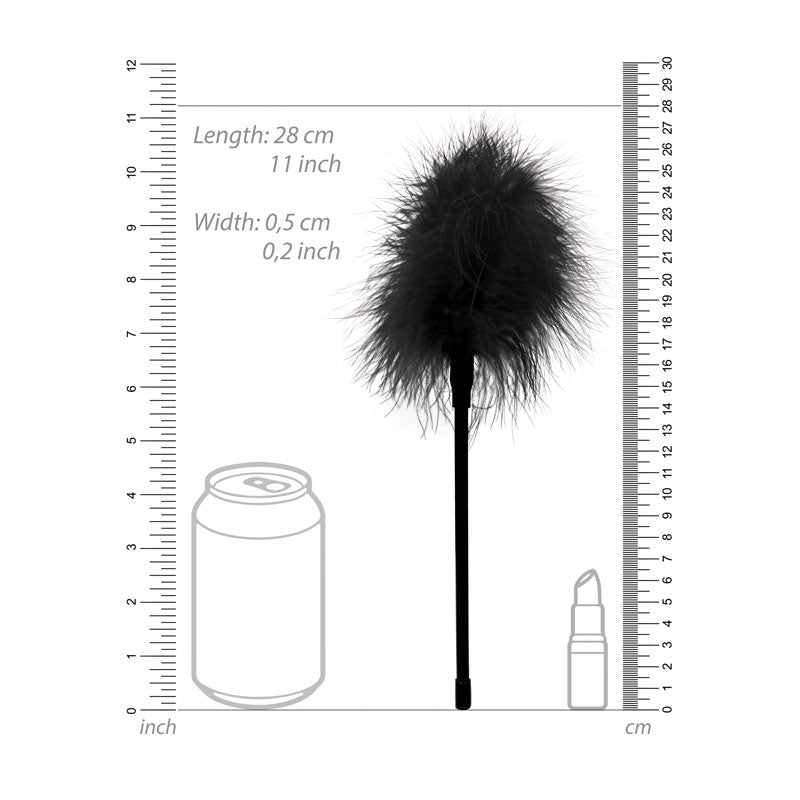 OUCH! & White Feather Tickler - Feather Crop dimensions on scale with a can and lip balm for size reference.