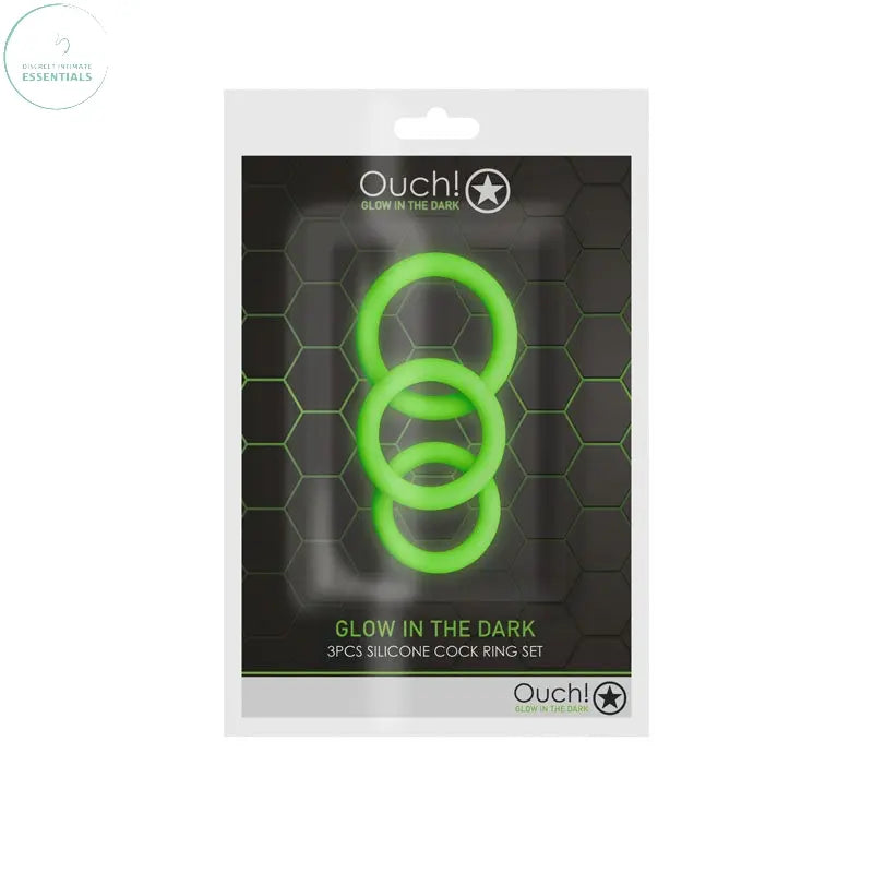 Affordable quality OUCH! Glow In The Dark Cock Ring Set - Glow in Dark Cock Rings - Set of 3 Sizes  from Shots Toys by Discreet Intimate Essentials with Discreet Delivery 