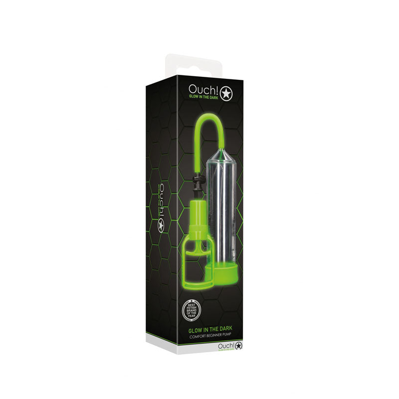 OUCH! Glow In The Dark Comfort Beginner Pump - Clear/Glow Penis Pump packaging with green accents and sleek design.