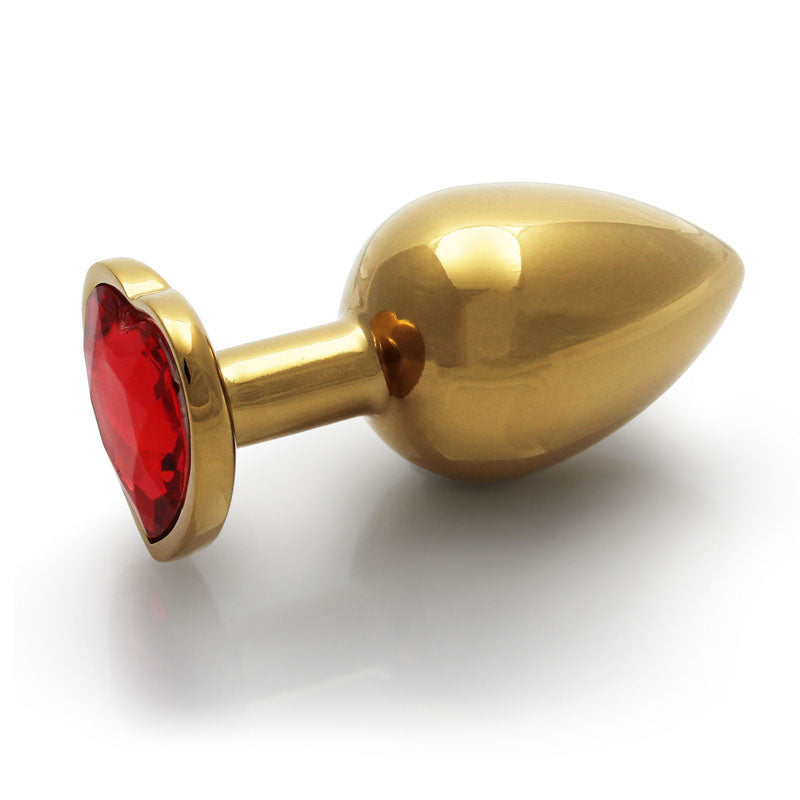 OUCH! Heart Gem Gold Butt Plug - Large - Gold 9.3 cm Large Butt Plug with Heart Gem Base side view