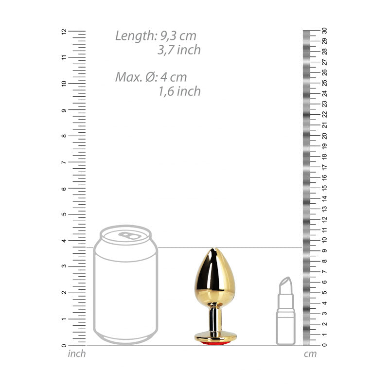 OUCH! Heart Gem Gold Butt Plug - Large - Gold 9.3 cm Large Butt Plug with Heart Gem Base dimensions next to a can and bottle