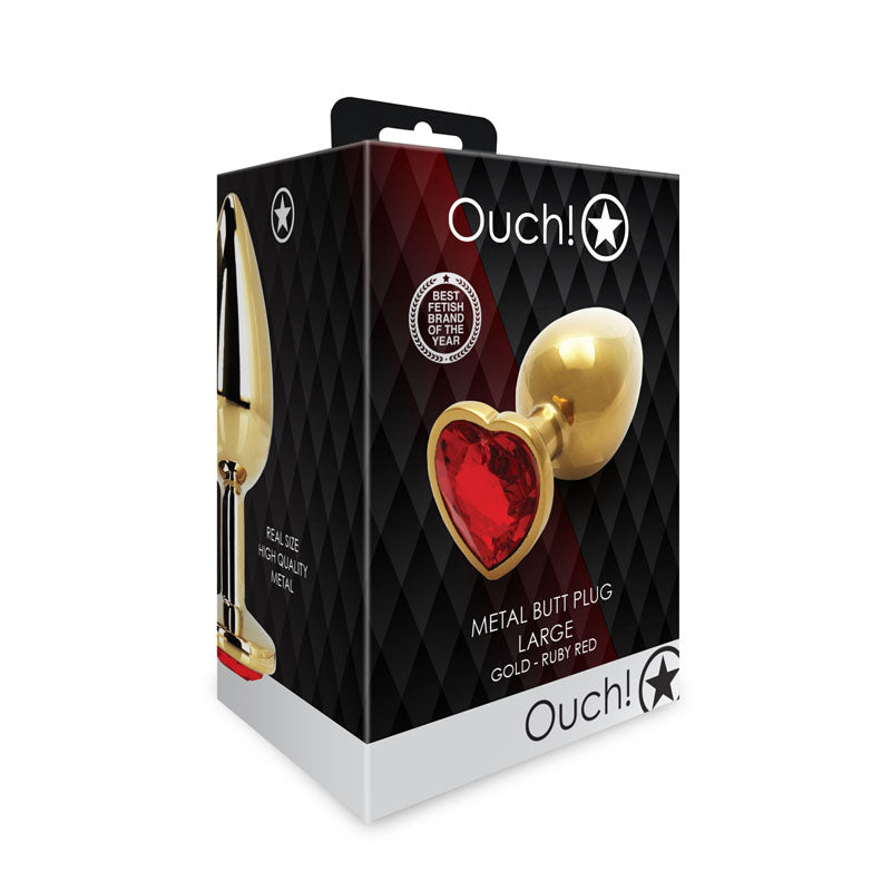OUCH! Heart Gem Gold Butt Plug - Large - Gold 9.3 cm Large Butt Plug with Heart Gem Base packaging image.
