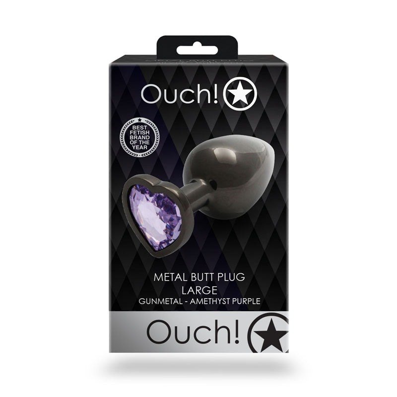 OUCH! Heart Gem Gunmetal Butt Plug - Large - Gunmetal 9.3 cm Large Butt Plug with Heart Gem Base in packaging.