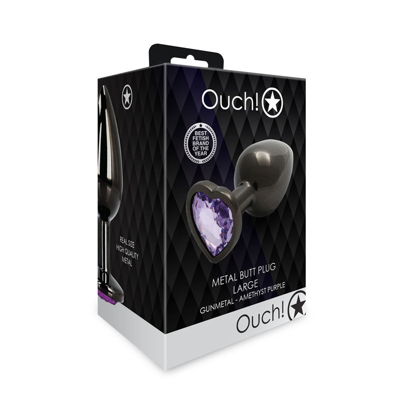 OUCH! Heart Gem Gunmetal Butt Plug - Large - Gunmetal 9.3 cm Large Butt Plug with Heart Gem Base packaging