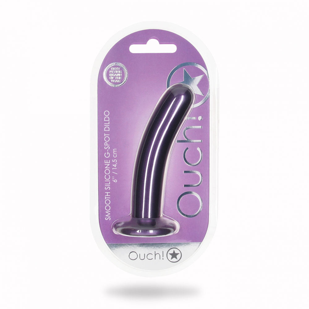 OUCH! Smooth Silicone G-Spot Dildo - 6'' / 14.5 cm - Metallic 14.5 cm Dildo in packaging, showcasing its sleek design.