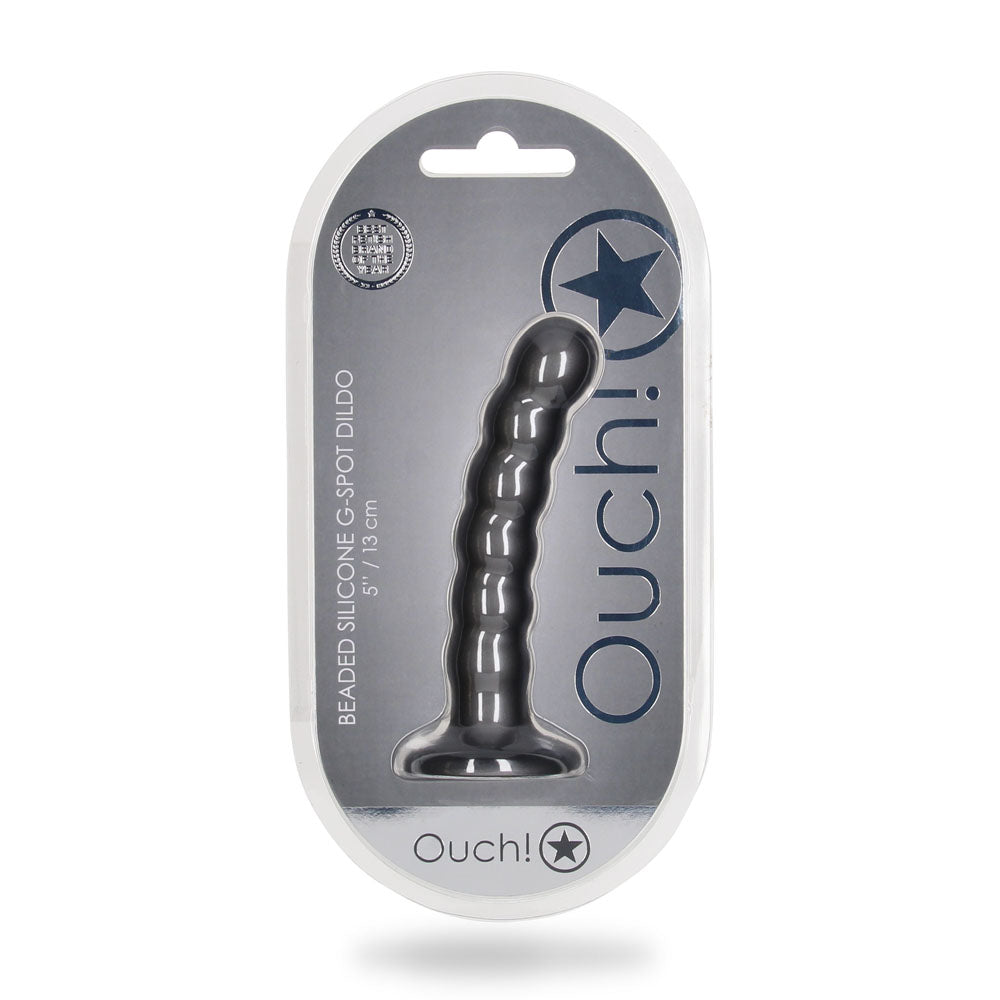 OUCH! Beaded Silicone G-Spot Dildo - 5'' / 13cm - Gunmetal 13 cm Dildo in packaging