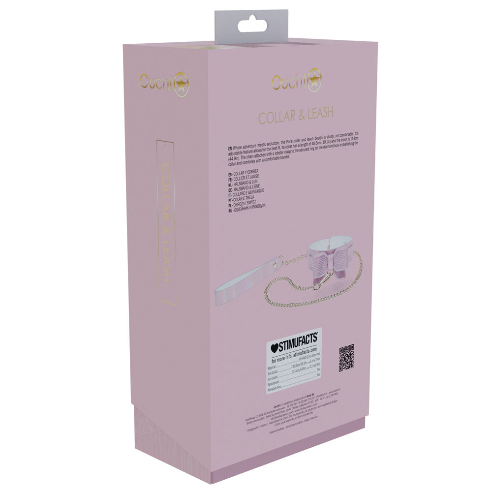 OUCH! Paris Collection - Collar with Leash -  Restraint packaging showcasing bonded leather and iridescent hardware.