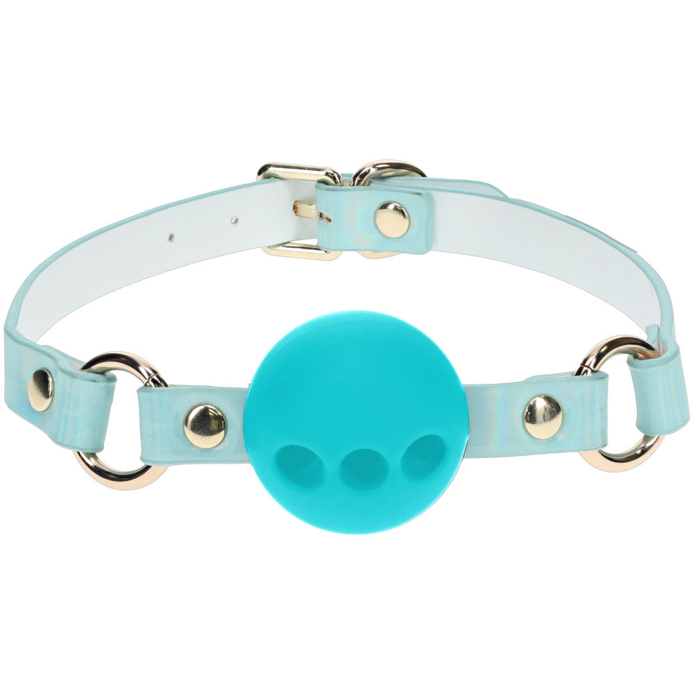 Breathable silicone ball gag in blue with adjustable straps for comfort and style.