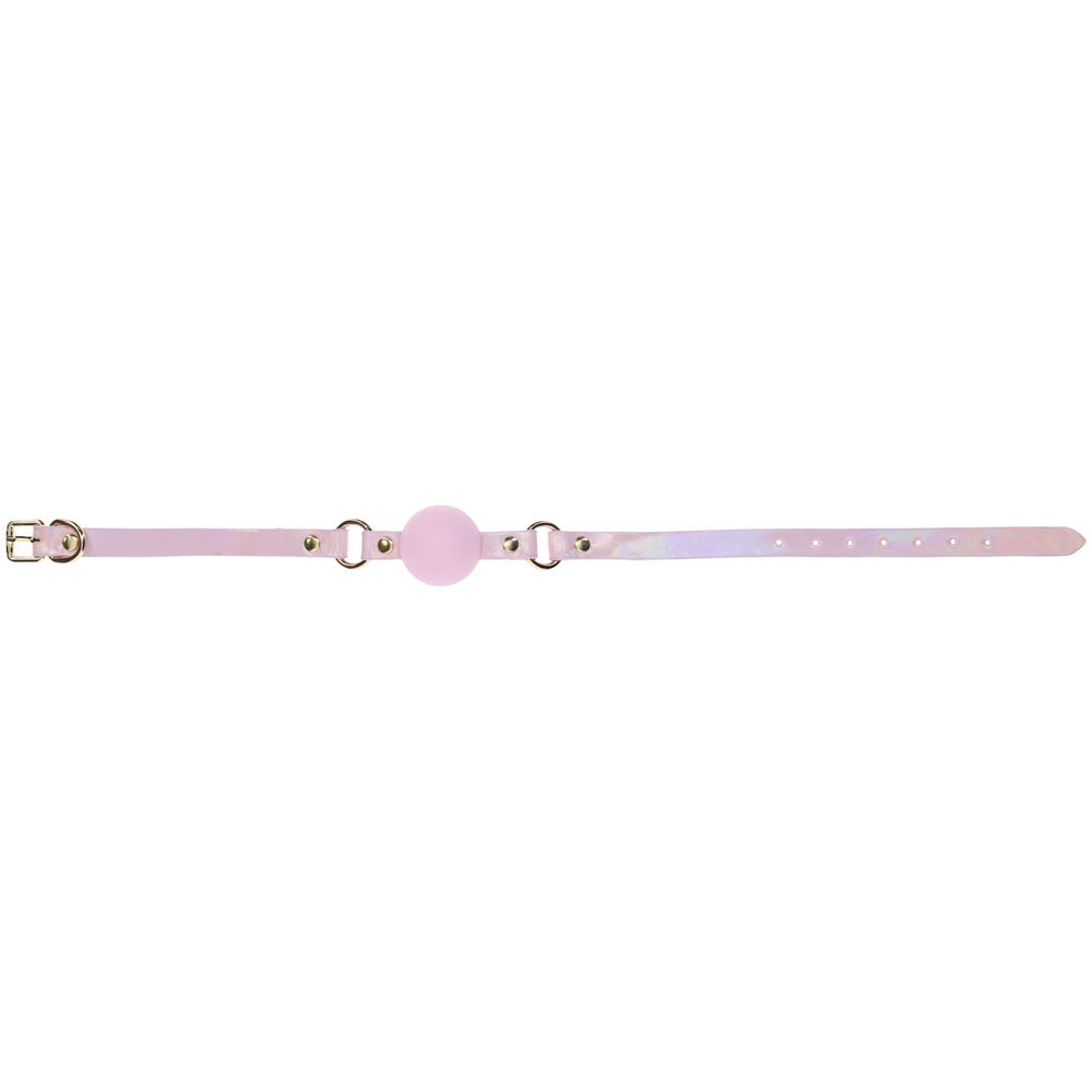 Breathable silicone ball gag from OUCH! Paris Collection with adjustable straps and iridescent hardware.