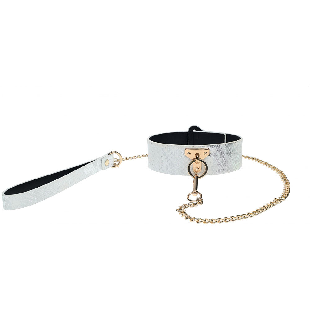 OUCH! Florence Collection - Collar with Leash - Restraint, white bonded leather with iridescent hardware and chain.
