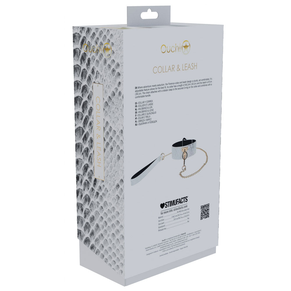 OUCH! Florence Collection - Collar with Leash -  Restraint packaging with detailed information and elegant design.