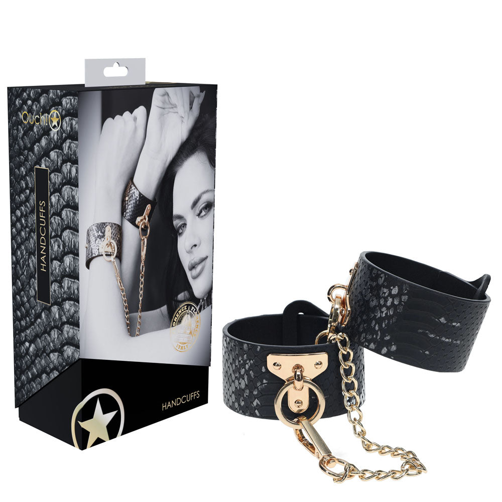 OUCH! Florence Collection - Handcuffs - Restraints in stylish packaging featuring high quality bonded leather and iridescent hardware.