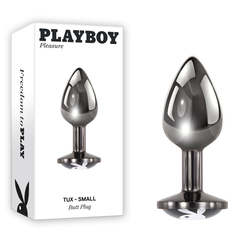 Playboy Pleasure TUX - Small - Metal 7.4 cm Small Butt Plug packaging and product view, ideal for intimate essentials for her.