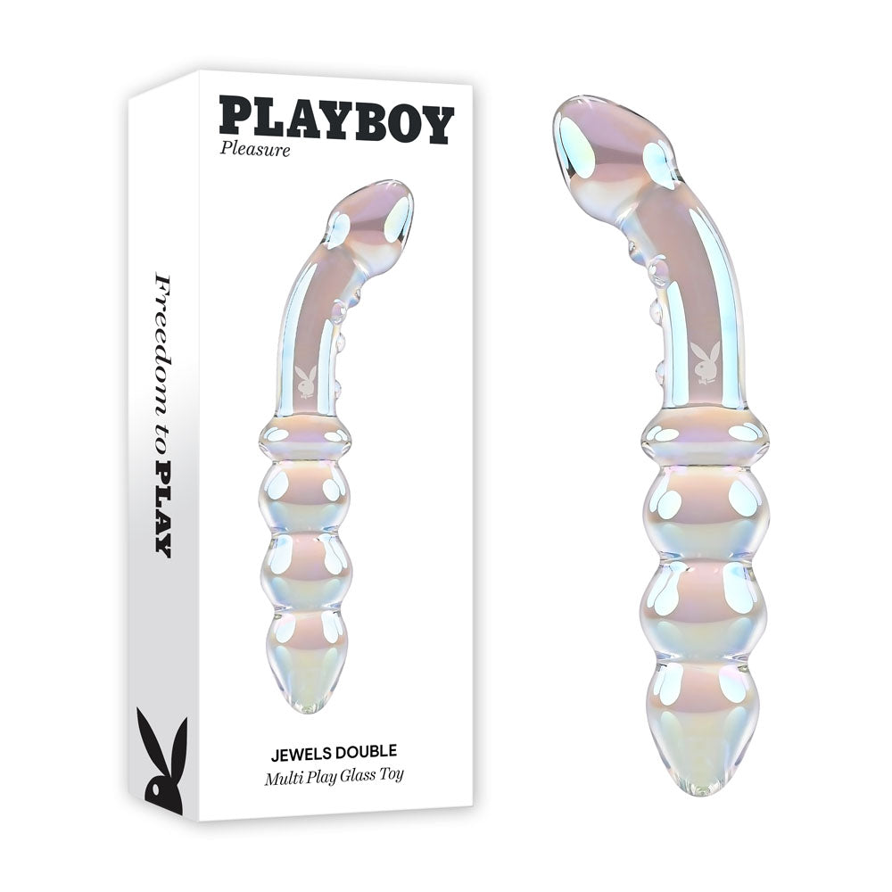 Playboy Pleasure JEWELS DOUBLE -  Glass 17.1 cm Double Ended Dildo in packaging, showcasing unique design for pleasure.