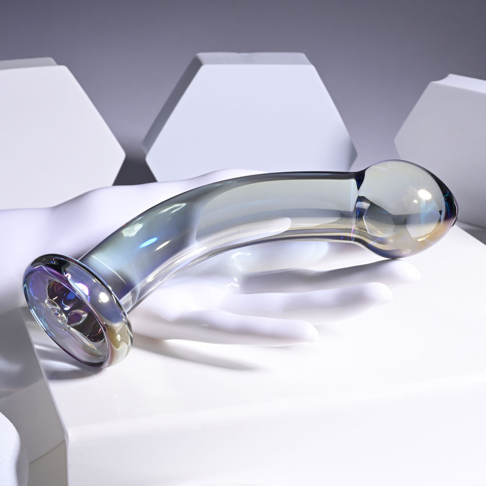 Playboy Pleasure JEWELS KING -  Glass 16.3 cm Dildo showcased on a sleek surface, highlighting its smooth design and shine.