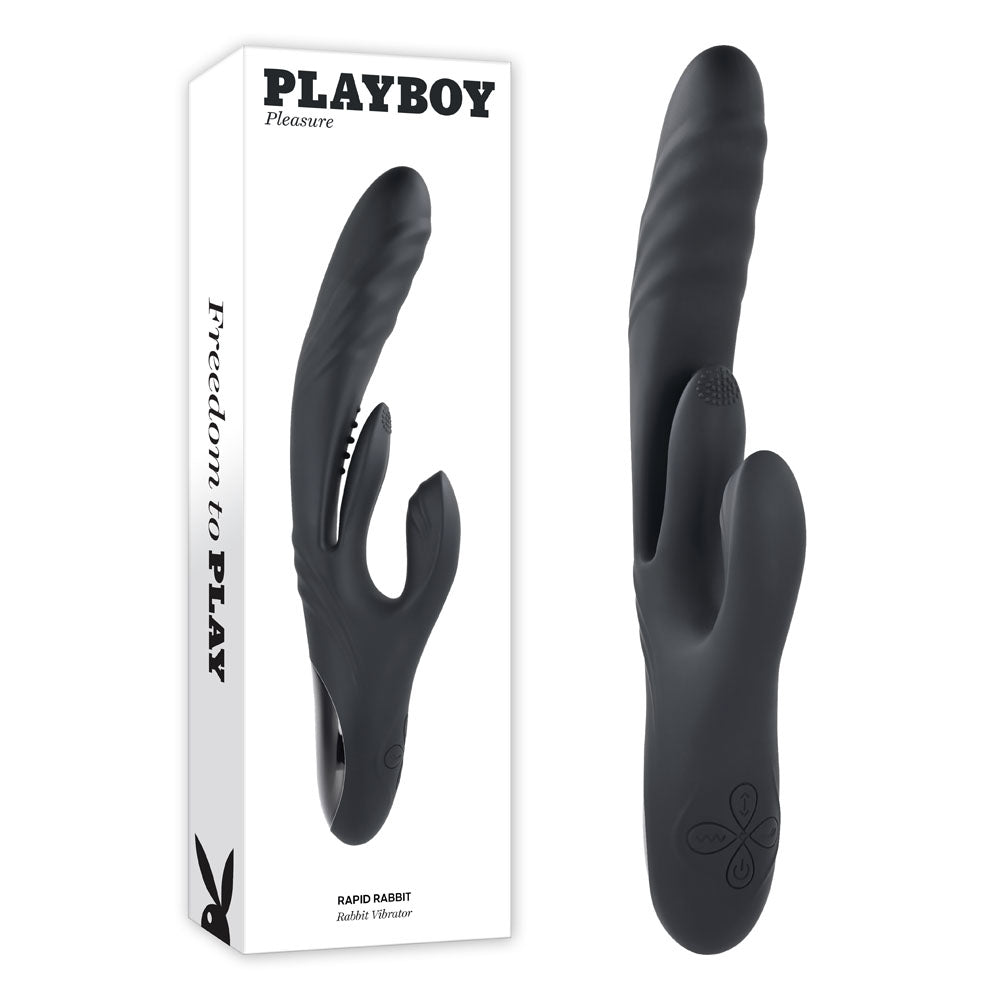 Playboy Pleasure Rapid Rabbit USB rechargeable rabbit vibrator in sleek black silicone packaging.