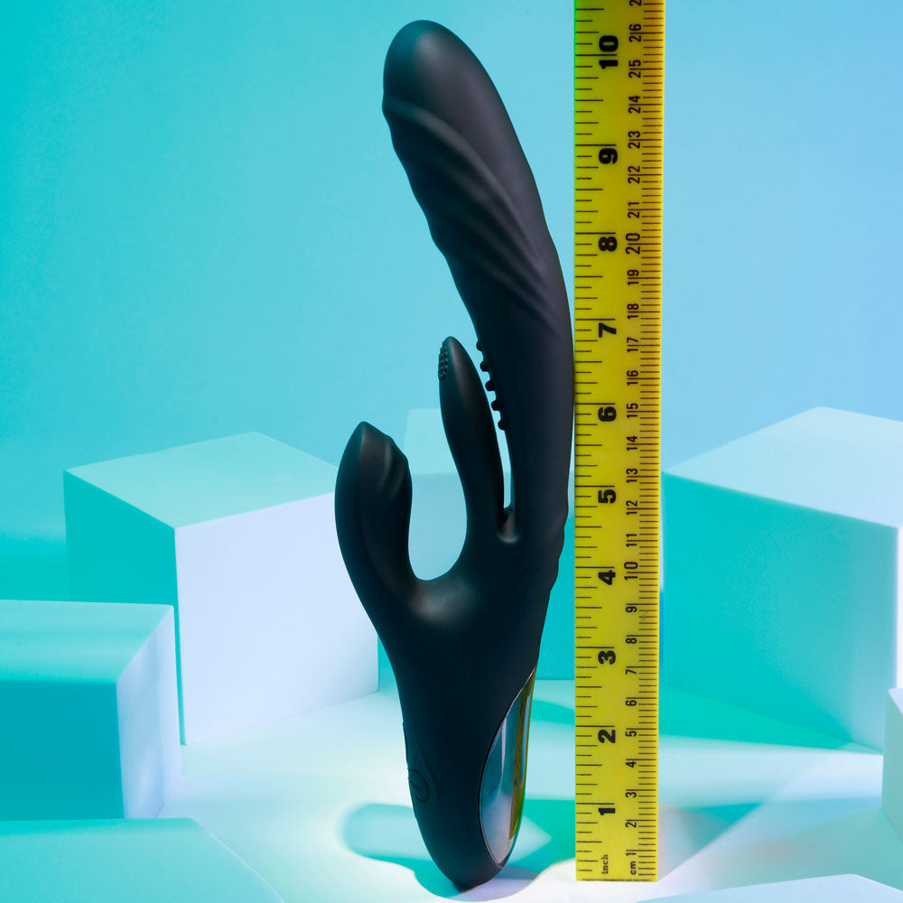 Playboy Pleasure RAPID RABBIT - 26.4 cm USB Rechargeable Rabbit Vibrator displayed next to a measuring tape.