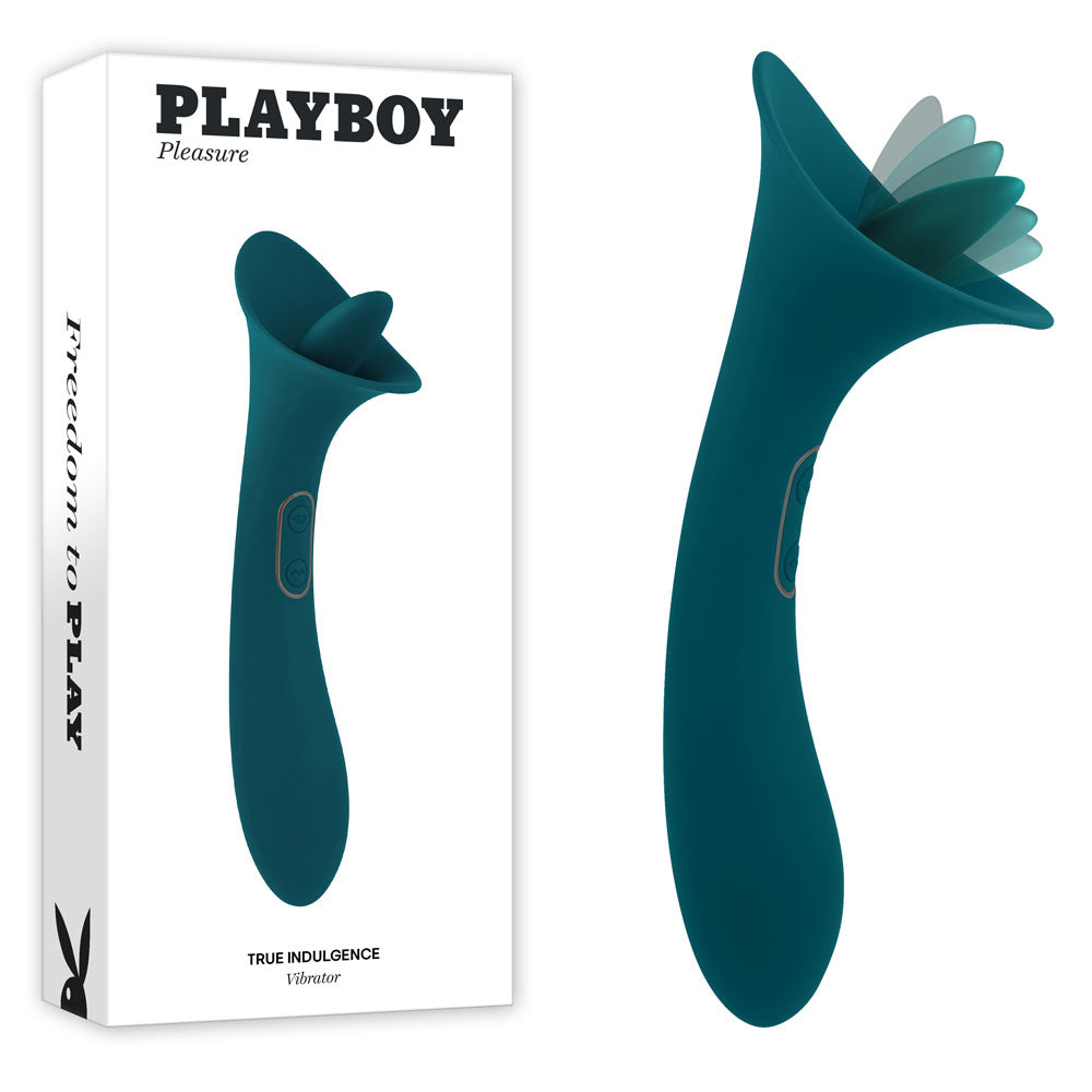 Playboy Pleasure TRUE INDULGENCE - Teal 21.3 cm USB Rechargeable Vibrator with Flicking Tip in packaging.