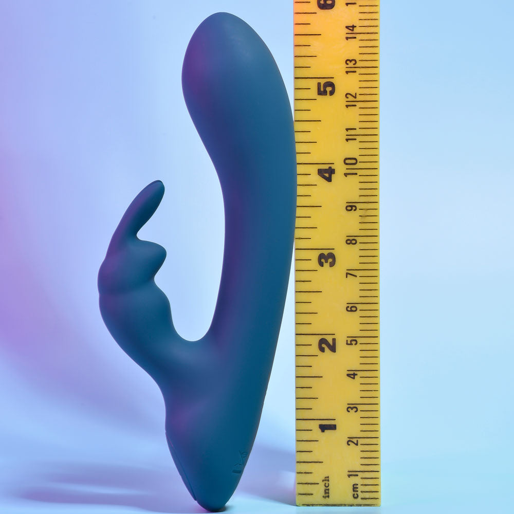 Playboy Pleasure LIL RABBIT - Deep Teal 14.6 cm USB Rechargeable Rabbit Vibrator beside a ruler for size reference.