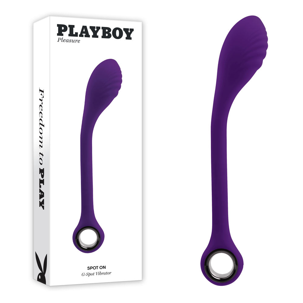 Playboy Pleasure SPOT ON 22.6 cm poseable G-Spot vibrator in purple with textured head for enhanced stimulation.