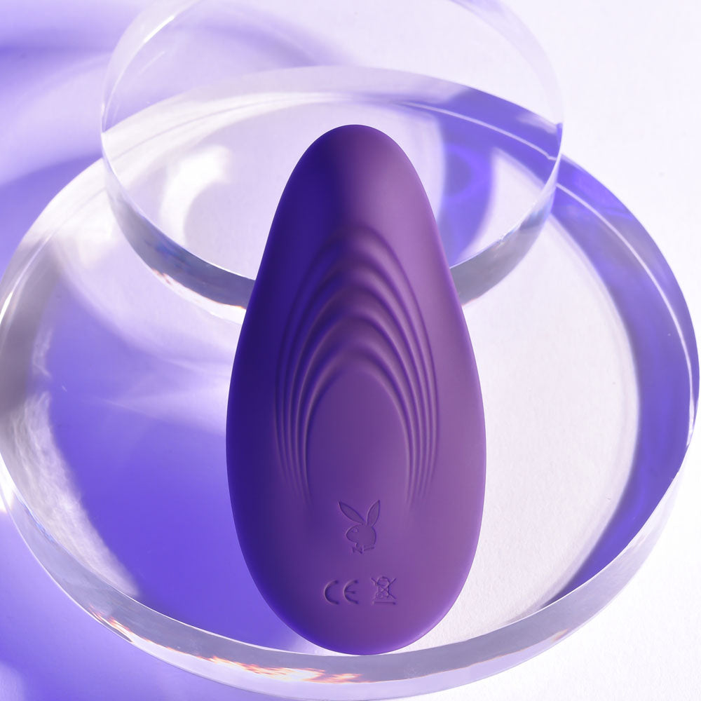 Playboy Pleasure OUR LITTLE SECRET - USB Rechargeable Panty Vibrator with Wireless Remote Control on a reflective surface.