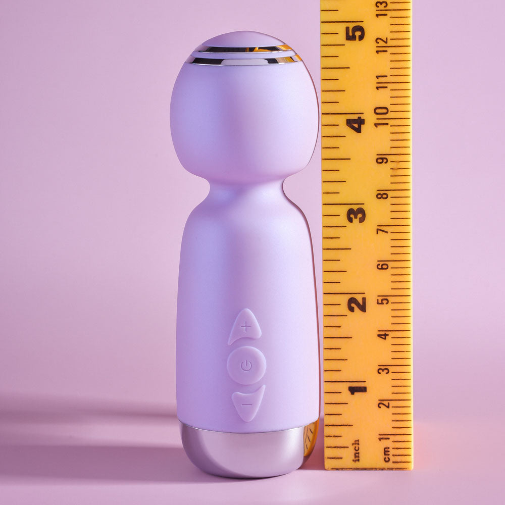 Playboy Pleasure ROYAL MINI - Lilac 12.5 cm USB Rechargeable Mini Wand Vibrator next to a ruler for size comparison.