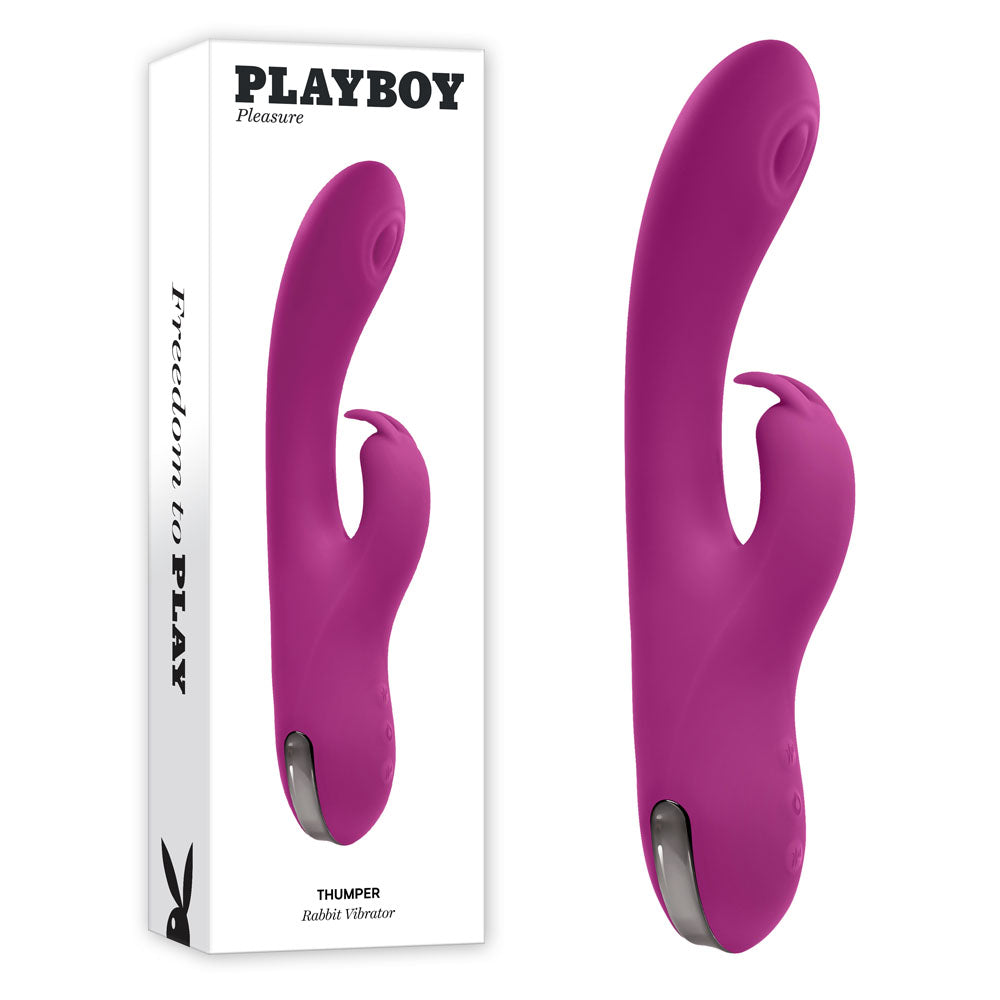 Playboy Pleasure THUMPER - 21.9 cm USB Rechargeable Rabbit Vibrator in vibrant purple packaging.