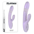 Playboy Pleasure BUMPING BUNNY - Opal 22.9 cm USB Rechargeable Thrusting & Warming Rabbit Vibrator next to packaging.
