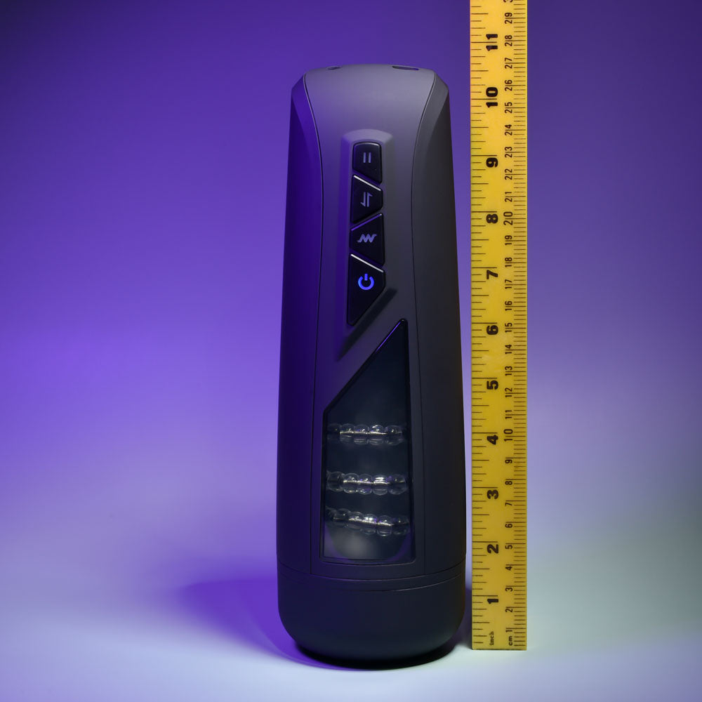Playboy Pleasure PURSUIT OF PLEASURE - USB Rechargeable Vibrating Stroker next to a ruler for size comparison.
