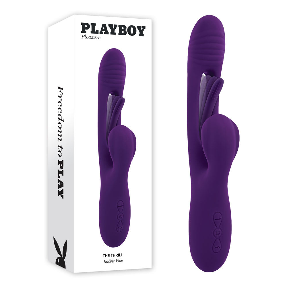 Playboy Pleasure THE THRILL USB rechargeable rabbit vibrator in purple packaging with a unique design.