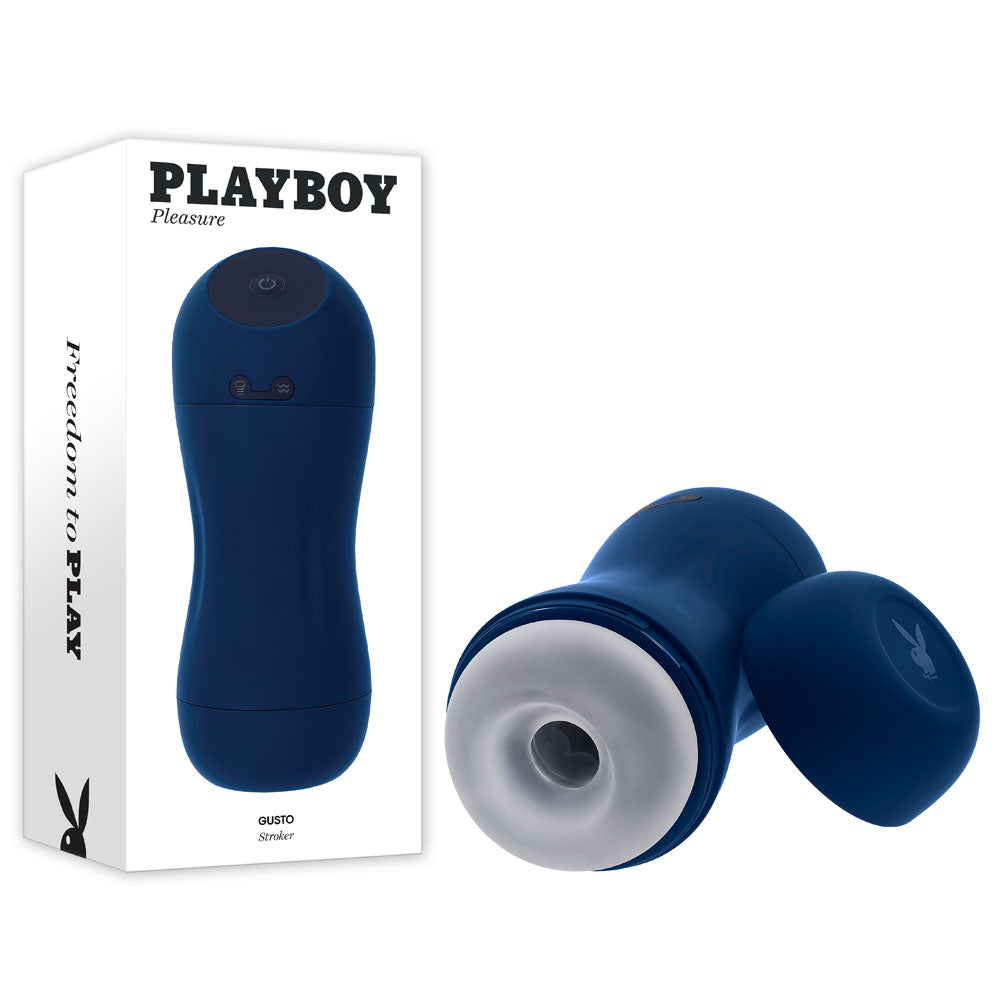 Playboy Pleasure GUSTO - USB Rechargeable Vibrating & Sucking Masturbator with blue sleeve and packaging.
