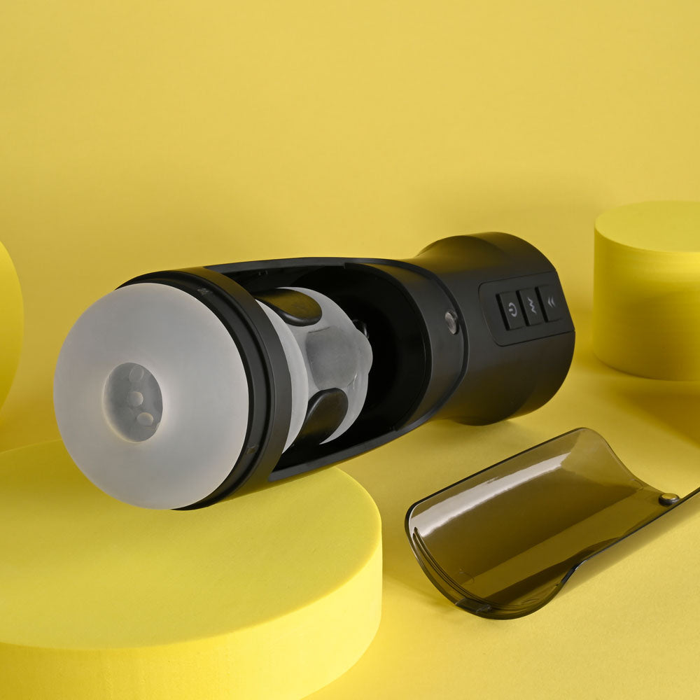Playboy Pleasure END GAME - USB Rechargeable Vibrating & Self Sanitising Stroker on yellow backdrop with accessories.