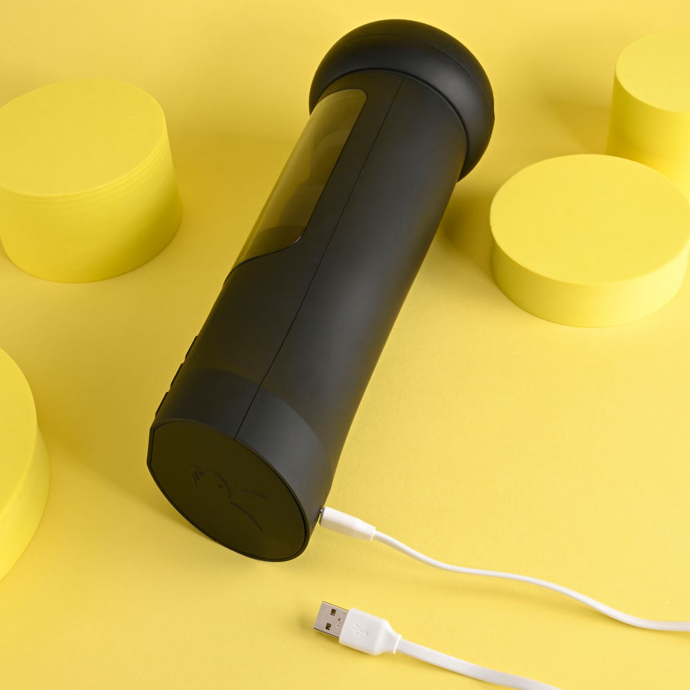 Playboy Pleasure END GAME - USB Rechargeable Vibrating & Self Sanitising Stroker on a yellow background.