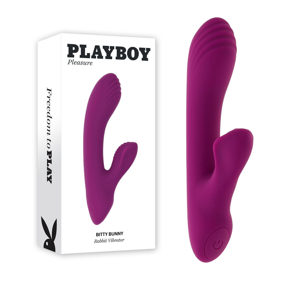 Playboy Pleasure BITTY BUNNY USB rechargeable rabbit vibrator with box, designed for G-Spot and clitoral stimulation.