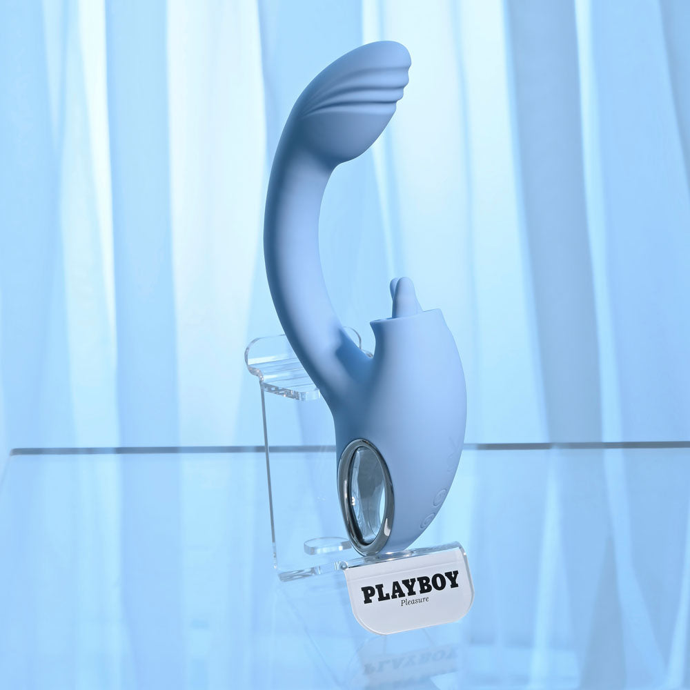Playboy Pleasure SAPPHIRE SKY - 21.6 cm USB Rechargeable Vibrator with Double Tongue Stimulator on display