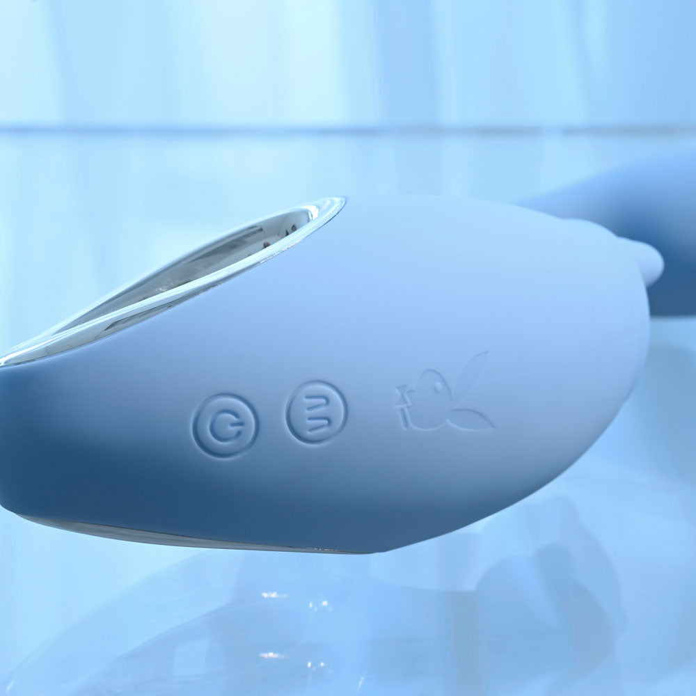 Playboy Pleasure SAPPHIRE SKY - 21.6 cm USB Rechargeable Vibrator with Double Tongue Stimulator close-up view.