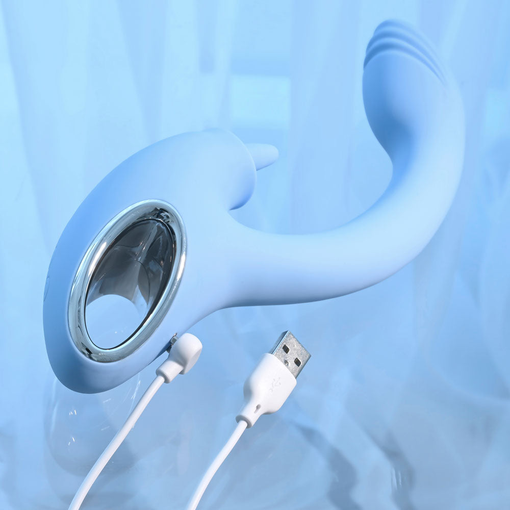 Playboy Pleasure SAPPHIRE SKY - 21.6 cm USB Rechargeable Vibrator with Double Tongue Stimulator in blue color.