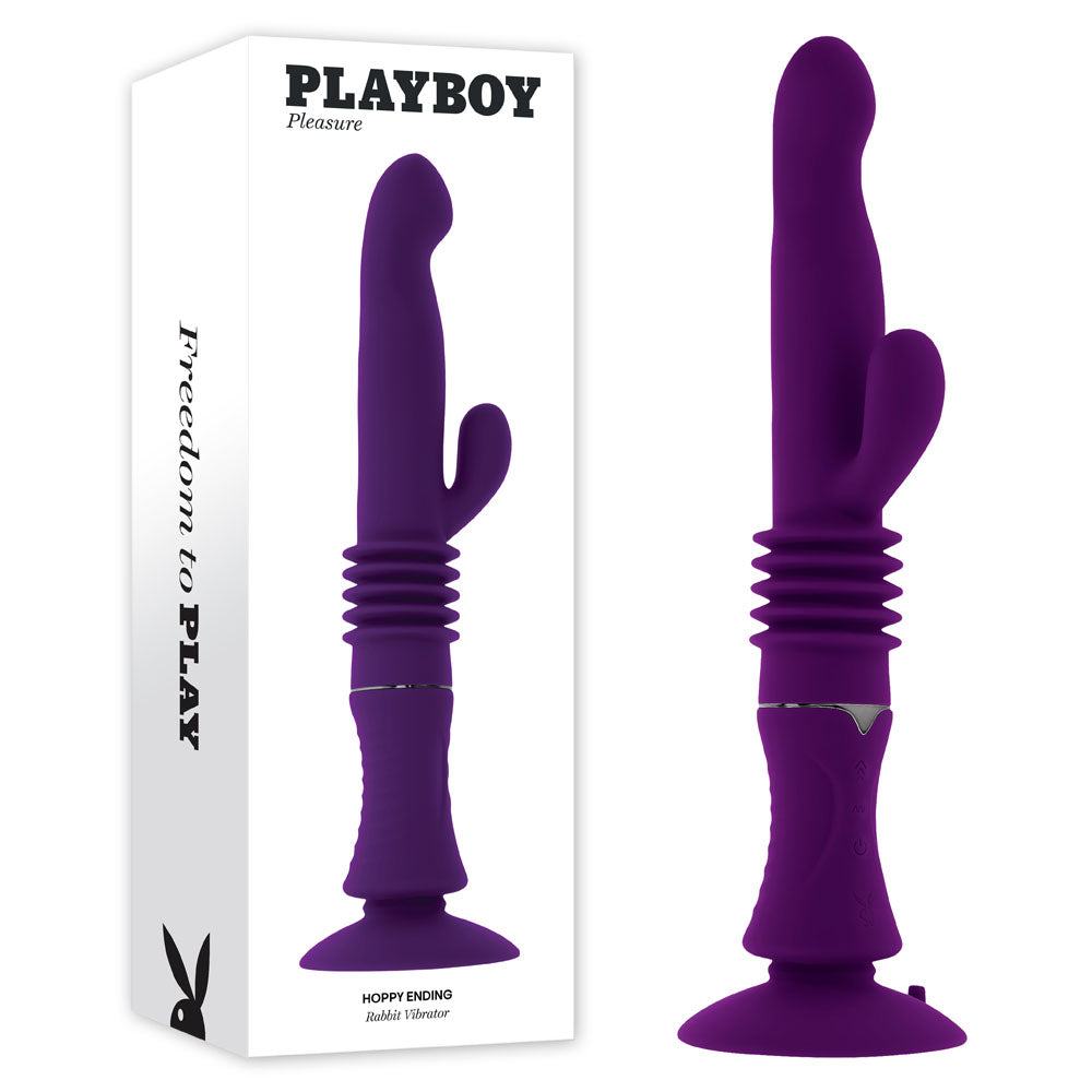 Playboy Pleasure HOPPY ENDING -  29.2 cm USB Rechargeable Thrusting Rabbit Vibrator in purple with flexible design.