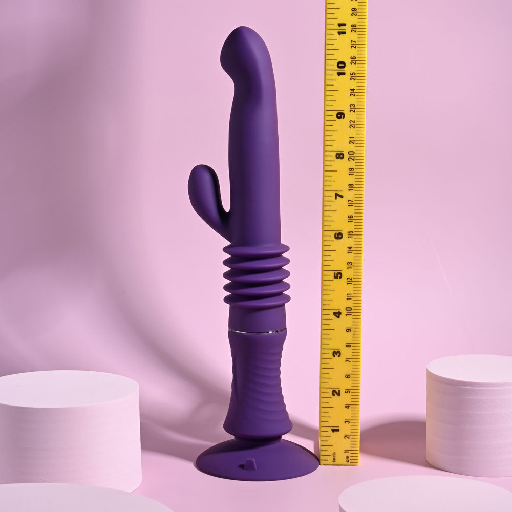 Playboy Pleasure HOPPY ENDING - 29.2 cm USB Rechargeable Thrusting Rabbit Vibrator displayed with measuring ruler.