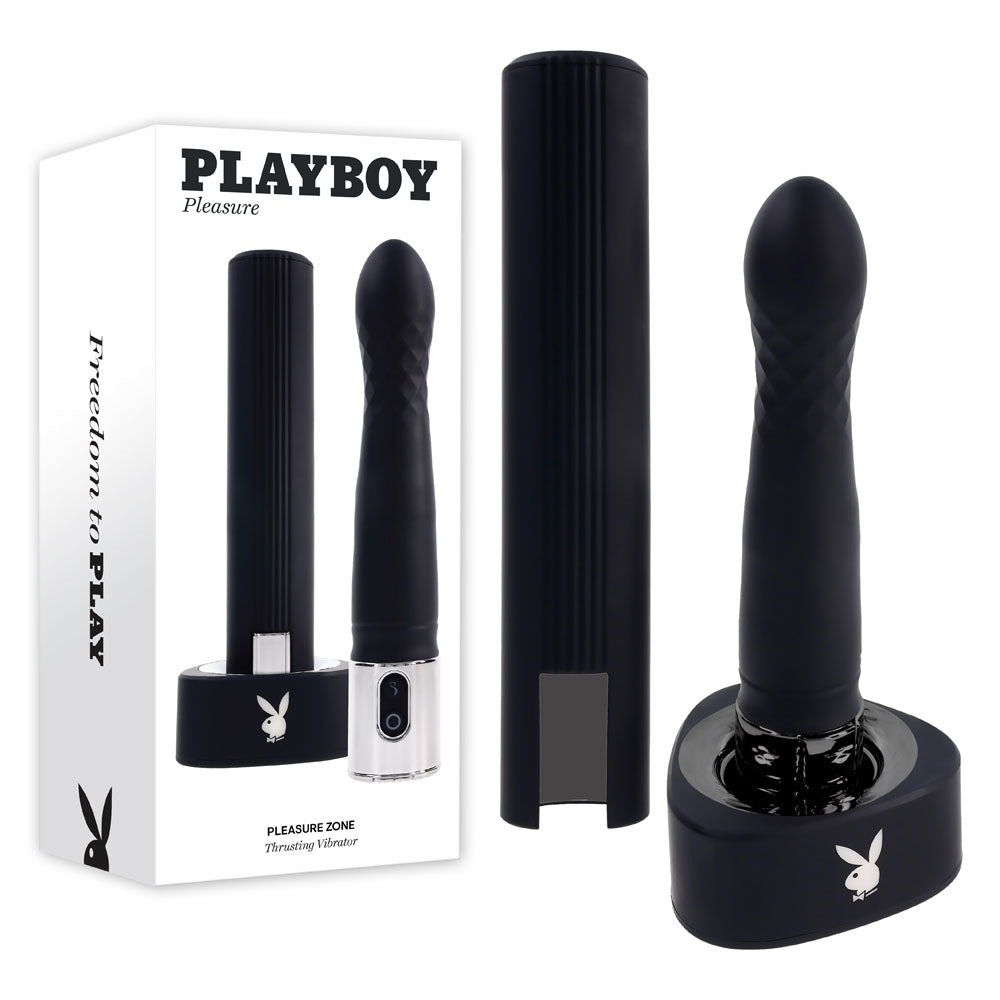 Playboy Pleasure PLEASURE ZONE - 21.4 cm Rechargeable Vibrator with USB Charging Dock in packaging.